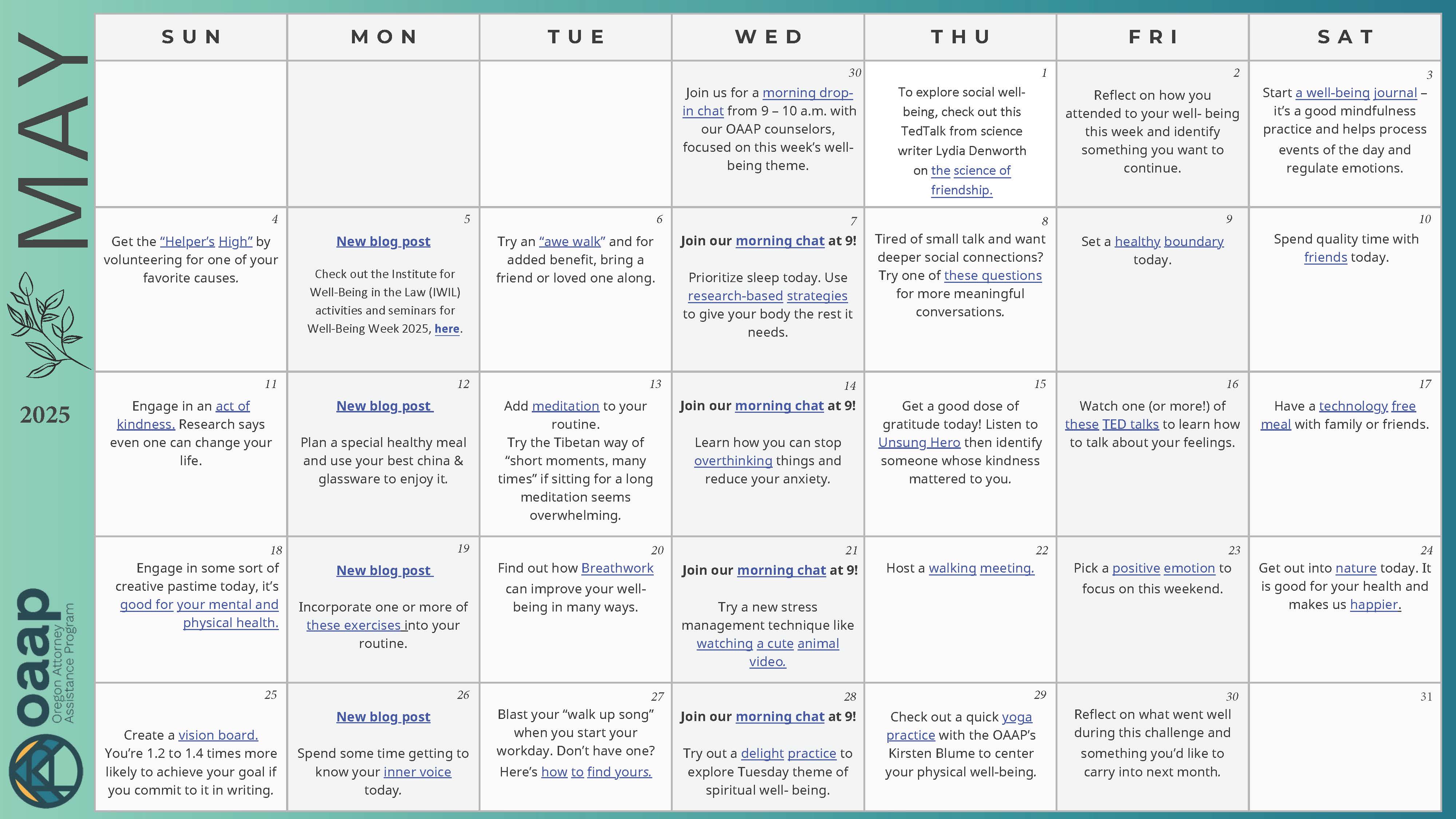 31-Day Mental Health Challenge Calendar 