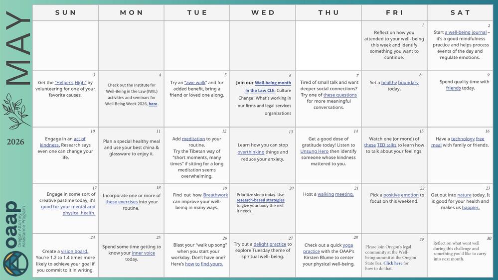 May 2026 Well-being Month in the Law activity calendar