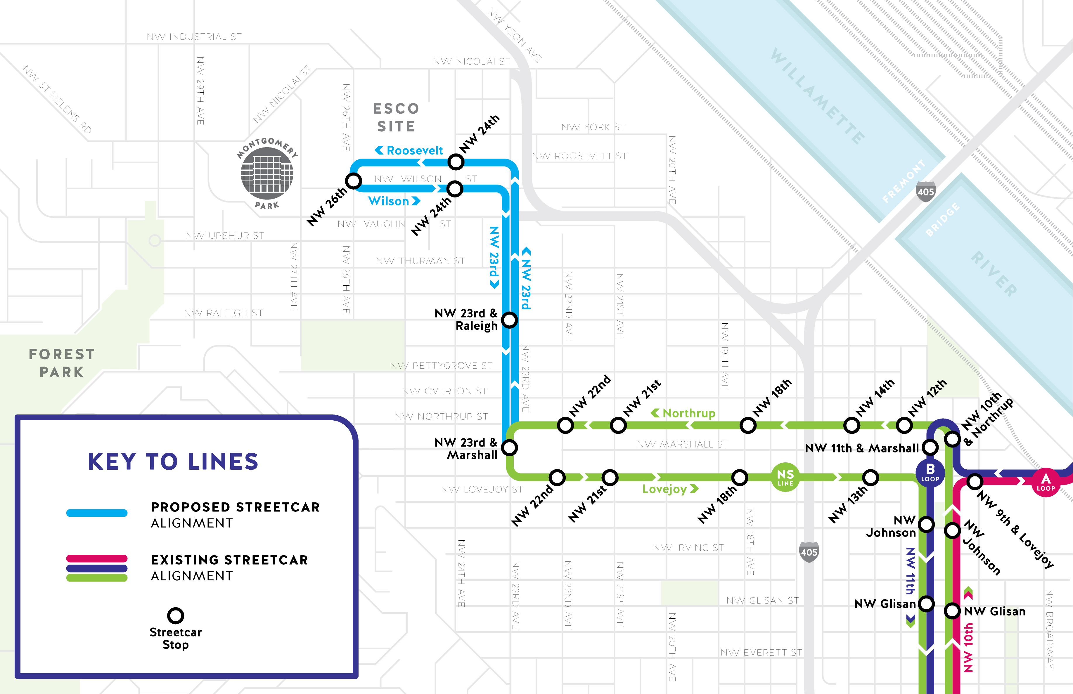 Map of planned extension of the NS Line to Montgomery Park.