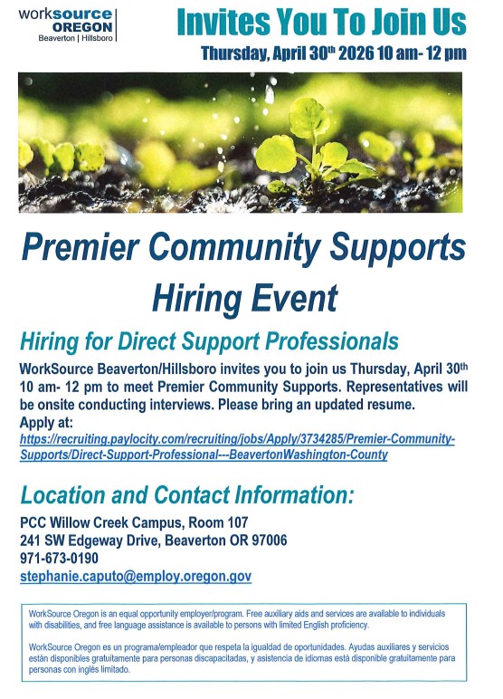 2026-04-30-Premier Community Supports hiring event flyer
