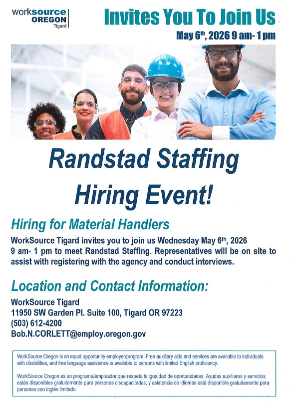 2026-05-06-Ranstad Hiring Event Tigard flyer